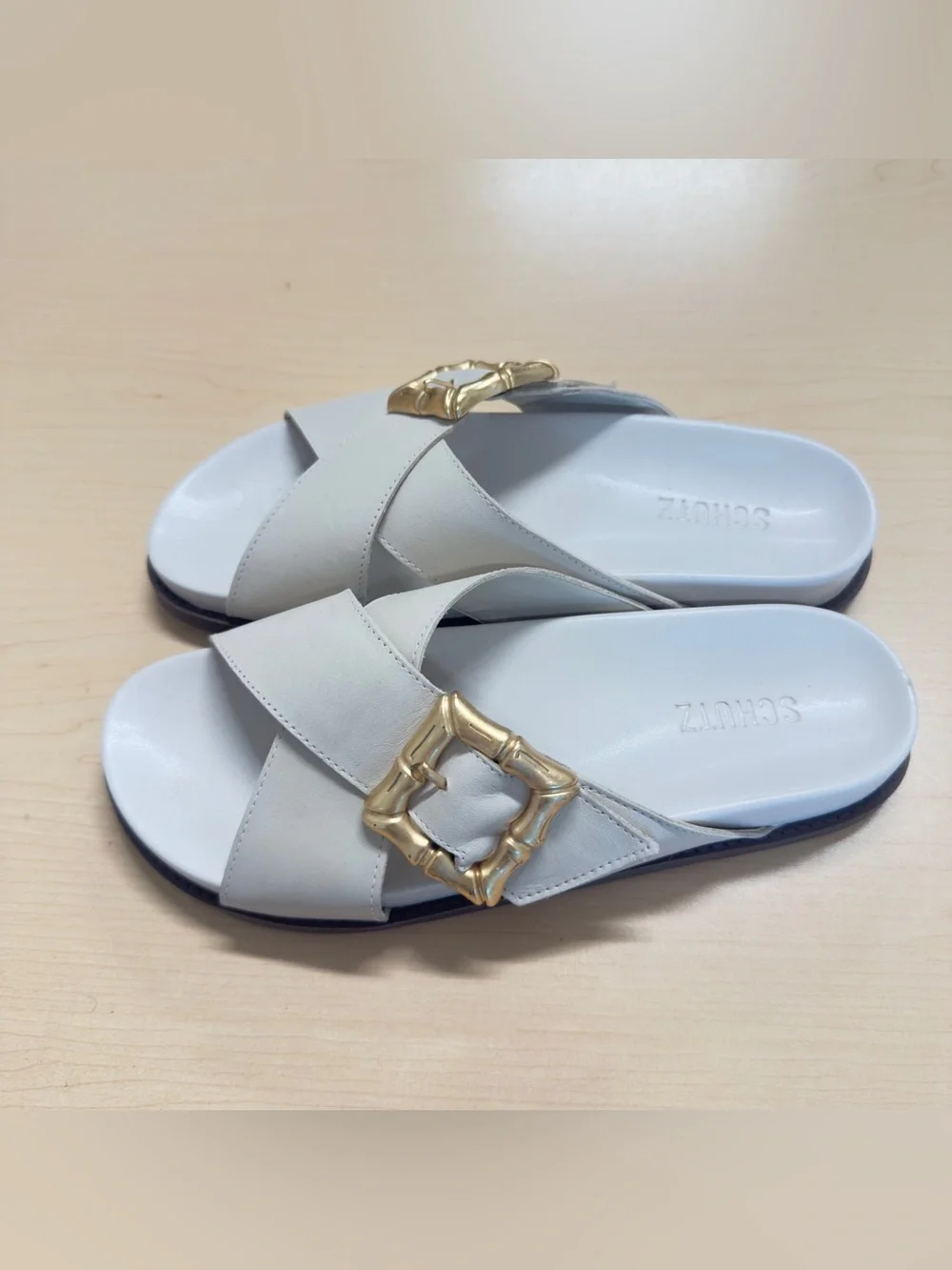 SCHUTZ Enola Leather Crossband Gold Buckle Slide Sandals Pearl White 8.5